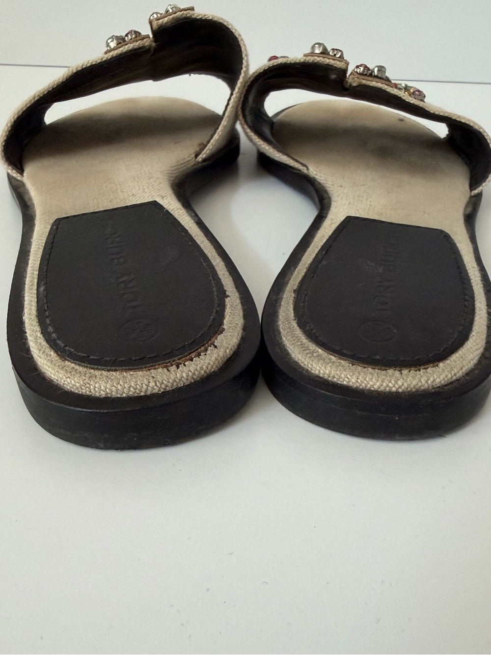 Tory Burch 10mm Ines Embellished Linen Slides in Neutral, Size 7 - Picture 6 of 9